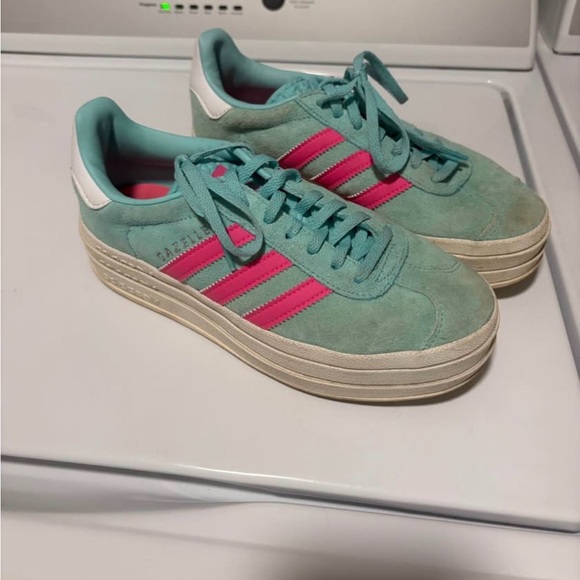 adidas Shoes - Adidas Mint Green Suede Sneakers with Pink Stripes